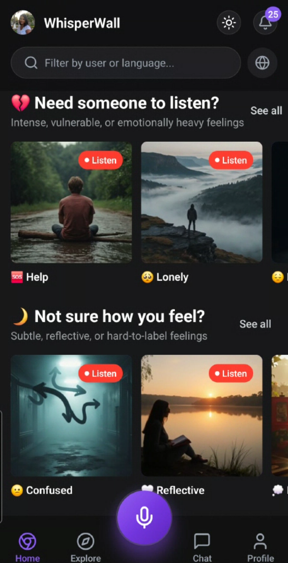 WhisperWall app showing supportive community